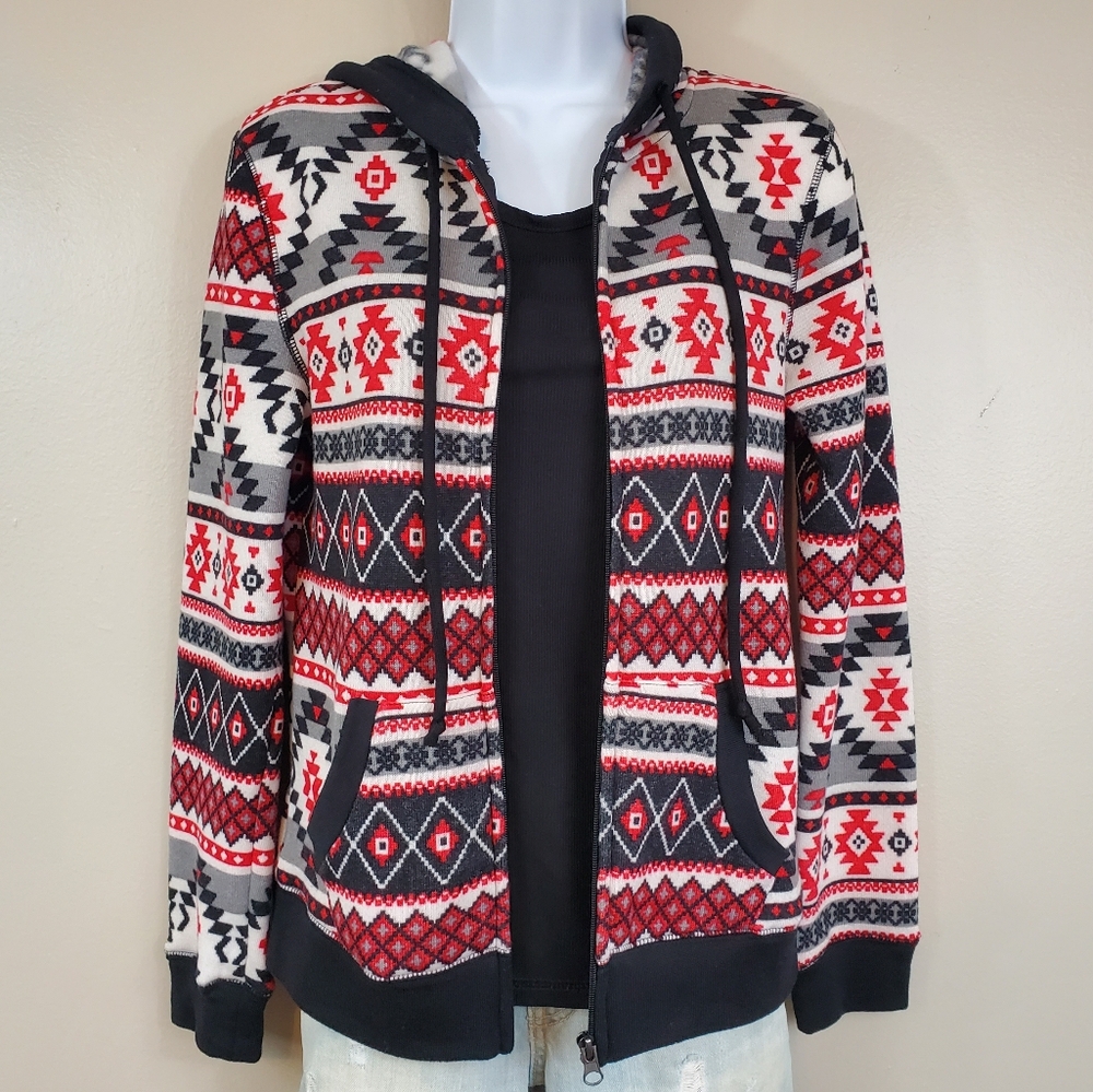 No Boundaries Red, Black, & White Fleece Lined Zip Up Hoodie